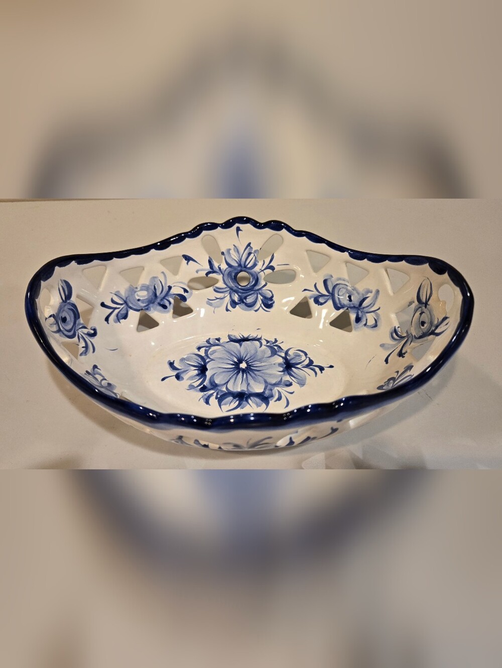 Vintage Vestal Hand-Painted Blue and White Floral Ceramic Bowl